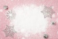 Cherry pink Christmas and New Year frame of snow and silver snow Royalty Free Stock Photo