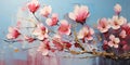 Cherry pink flowers with rough brush strokes, oil painting texture background, wild plants on blue canvas. Theme of art, Royalty Free Stock Photo