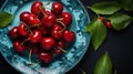 Cherry on plate. Ripe cherries. Sweet red cherries. Top view. Rustic style. Fruit Background Royalty Free Stock Photo