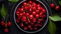Cherry on plate. Ripe cherries. Top view. Food photography. Horizontal format, for advertising, banner, poster, site, AI generated