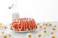 Cherry pudding cake and a jug of milk Royalty Free Stock Photo