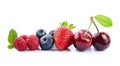 Cherry, raspberry, blueberries, strawberry in close up on white backgrounds Royalty Free Stock Photo