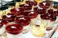 Cherry, raspberry, peach cream dessert in glass Royalty Free Stock Photo