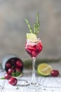 Cherry red cocktail with lime. Fresh summer cocktail with cherries, thyme and ice cubes Royalty Free Stock Photo