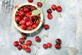 Cherry. Red fresh Cherries in bowl and a bunch of cherries on th Royalty Free Stock Photo