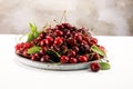 Cherry. Red fresh Cherries in bowl and a bunch of cherries on th Royalty Free Stock Photo