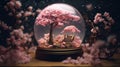 Cherry sakura spring blossom tree inside glass snow globe enchanting miniature