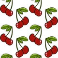 Cherry seamless background. Cherries, red berries with leaves on a white background. A repeating continuous pattern. Vector. Royalty Free Stock Photo