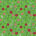 Cherry seamless pattern. Hand drawn fresh berry. Multicolored vector sketch background. Colorful doodle wallpaper. Red and green Royalty Free Stock Photo