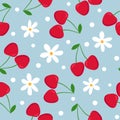 Cherry seamless pattern. Red cherries with green leaves and white flowers on blue background. Flat design. Royalty Free Stock Photo