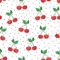 Cherry seamless vector pattern. Hand drawn cherries on dotted black and white background. Painted summer fruits on polka