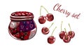 Cherry set. Jar of jam and cherry berries isolated on a white background. Group of ripe cartoon design berries in glass dish