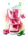 Cherry shake in a glass decorated with creme, mint and drinking straw with watercolor splash background hand drawn