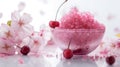 Cherry slush in a glass bowl with cherry and blossoms around, on a light background Royalty Free Stock Photo