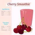 Cherry smoothie recipe. Menu element for cafe or restaurant with ingridients and nutrition facts in cartoon style. For