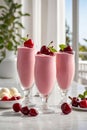 Cherry smoothie with vanilla ice cream. Summer refreshing iced cherry beverage, drink, juice, shake or cocktail, generative AI