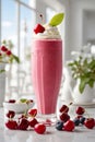Cherry smoothie with vanilla ice cream. Summer refreshing iced cherry beverage, drink, juice, shake or cocktail, generative AI
