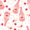 Cherry soda in bottle and glass with cherry watercolor seamless pattern