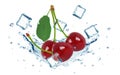 Cherry splash water and ice cubes isolated