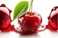 Cherry splashing juice on white background. Fresh juicy berries concept. Juice splash. Flying berry. Generative AI