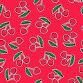 Cherry sticker seamless pattern. Vector hand drawing bright pink berry with leaf on white sticker. Design surface tasty background