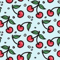 Cherry and strawberry fruit seamless pattern. Summer berries, fruits with leaves, vector background. Hand drawn doodle Royalty Free Stock Photo
