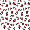 Cherry and strawberry fruit seamless pattern. Summer berries, fruits with leaves, vector background. Hand drawn doodle Royalty Free Stock Photo