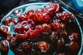 Cherry sweet jam - jam in a black glossy plate on the table Royalty Free Stock Photo