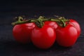 Cherry tomato branch, fresh ripe organic vegetables on dark black textured background Royalty Free Stock Photo