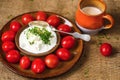 Cherry tomato,cottage cheese,cup of milk
