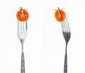 Cherry tomato cut in half on fork, front and side view, on white