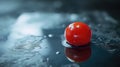 Cherry tomato on a dark tabletop in water with space for text. Royalty Free Stock Photo