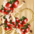 Basket of cherry tomato and mushrooms on a hardwood texture