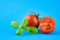 Cherry tomatoes with basil leaves over a blue Royalty Free Stock Photo