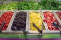 Cherry tomatoes, blackberries, pineapple chunks, strawberry, red grape trays at salad bar in USA Royalty Free Stock Photo