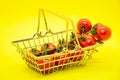 Cherry tomatoes on a branch in a metal basket in a supermarket on a bright yellow background Royalty Free Stock Photo