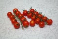 Cherry tomatoes on a branch in two rows on a table with a blanket tablecloth Royalty Free Stock Photo