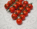 Cherry tomatoes on a branch in two rows on a table with a blanket tablecloth Royalty Free Stock Photo