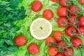 Cherry tomatoes covered with water drops lie on the basis of green lettuce leaves