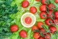 Cherry tomatoes covered with water drops lie on the basis of green lettuce leaves