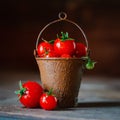 Cherry tomatoes in a decorative rusty old bucket on a dark rustic background Royalty Free Stock Photo
