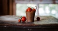 Cherry tomatoes in a decorative rusty old bucket on a dark rustic background. Royalty Free Stock Photo