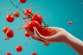 Cherry tomatoes in female hands on a blue background Hand holding tomato. Several views of fresh vegetables isolated on blue Royalty Free Stock Photo