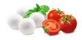 Cherry tomatoes, green basil, mozzarella bocconcini isolated on white background Royalty Free Stock Photo