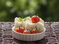 Cherry tomatoes with halloumi cheese on garden table Royalty Free Stock Photo