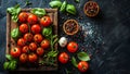 Cherry tomatoes and herbs, culinary prep.