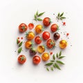 Cherry tomatoes isolated on white background watercolor. Flat lay, top view. Ai generative illustration