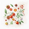Cherry tomatoes isolated on white background watercolor. Flat lay, top view. Ai generative illustration Royalty Free Stock Photo