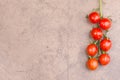 Red cherry tomatoes on a brown textured background, empty copy space