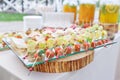 Zucchini rolls with pine nuts. Cherry tomatoes,mozzarella and Basil on skewers. . Pesto sauce. Tasty buffet table Royalty Free Stock Photo